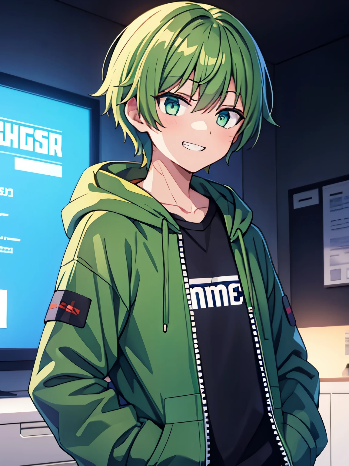 male,1boys,Dark green eyes,Green Hair,Green hoodie,Black T-shirt,grin,hand in pockets