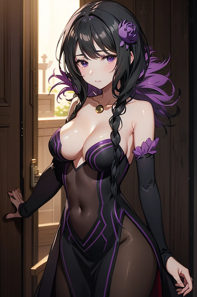 masterpiece, best quality, high resolution, best illustration, super fine illustration, (official art:0.9), anime screencap, detailed beautiful face and eyes, anime keyvisual, (perfect anatomy:1.1), 8k portrait,
1girl,
elsa,
elsa \(re:zero\),
medium hair,
black hair,
(purple eyes:1.2), (beatiful detailed eyes:1.2),
flower hair ornament,
large breasts, perfect body,
black dress, detached black sleeves, BREAK black tights, cold Shoulder, breasts out,
looking at viewer, shoot from front,
cowboy shot,
natural light, background of outdoor,
