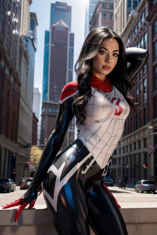 Detailed picture of Lindsey Strutt dressed as Spider-Gwen, hood, white and black, into the spider-verse, fully clothed, skin tight, wavy hair, posing, on edge of a building, lens glare