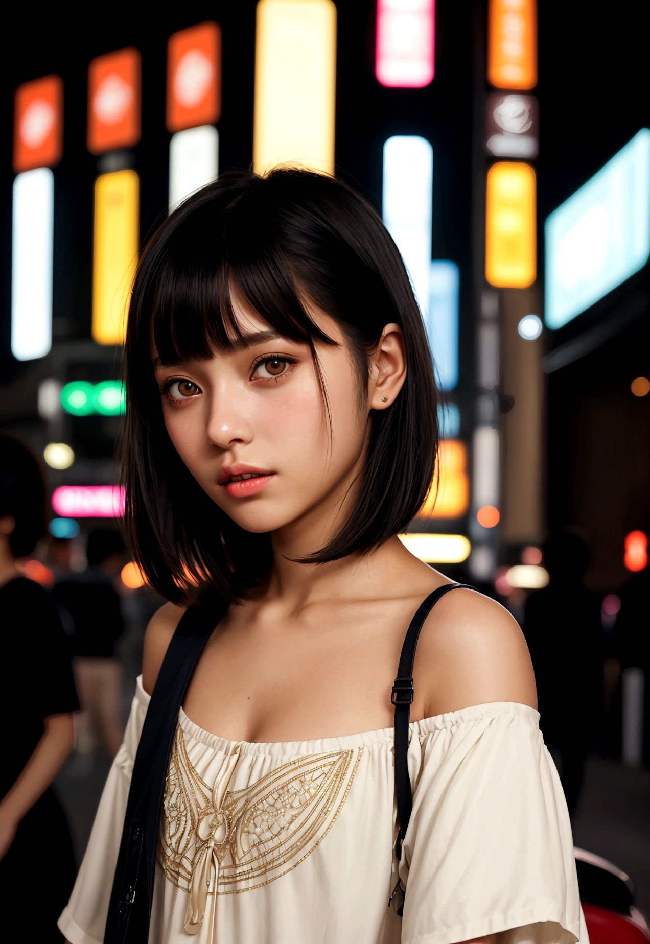 cinematic realistic portrait of a young girl, adolescent, (caucasiana), fly away, modern casual dark clothes, minimalist alternative style, Beautiful woman, short, slightly wavy shoulder-length hair with bangs, (honey eyes), Nightlife in Tokyo, neon lights