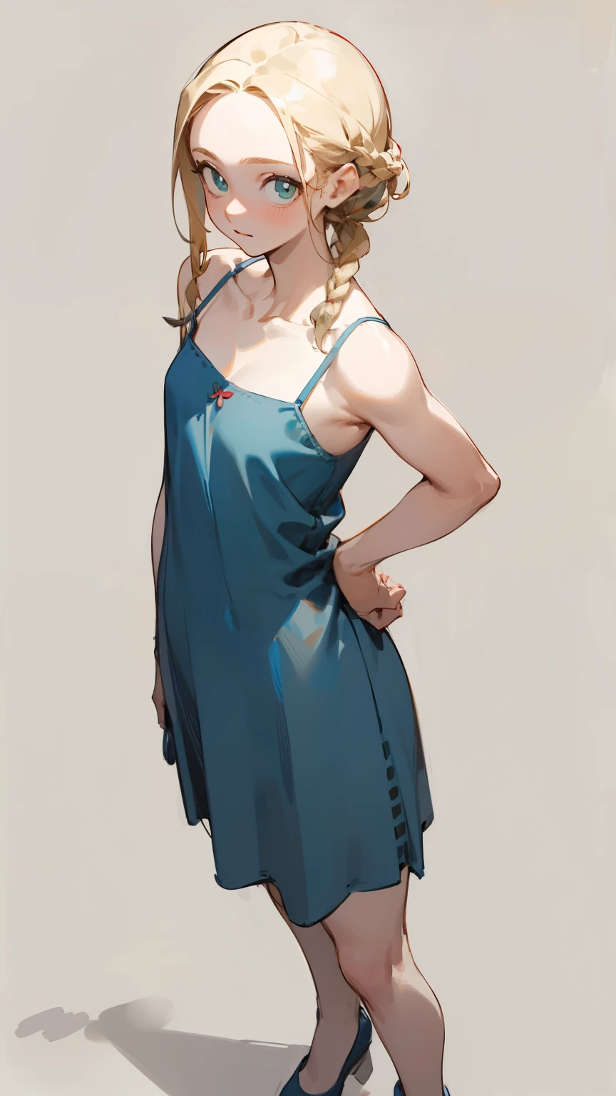 (masterpiece), ((best quality)), (super detailed), (beautiful eyes beautiful details eyes, Clean and delicate face), (whole body, standing posture), Single Braided blonde pony tail, parted bangs, forehead, slight smile, wearing camisole one-piece dress, pumps, simple color background