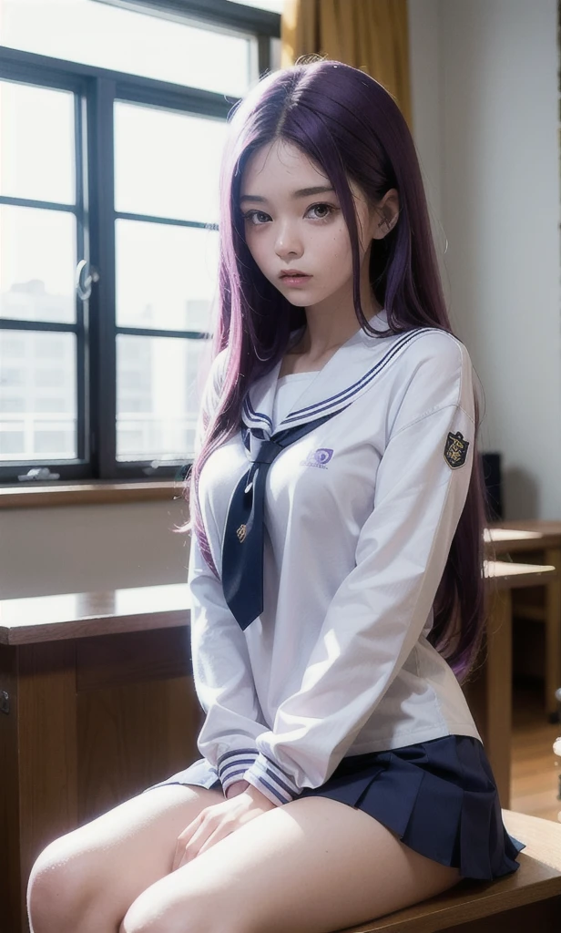 1gir,wearing school uniform, purple hair,big boobs,high res,hyper realistis, ultra detail