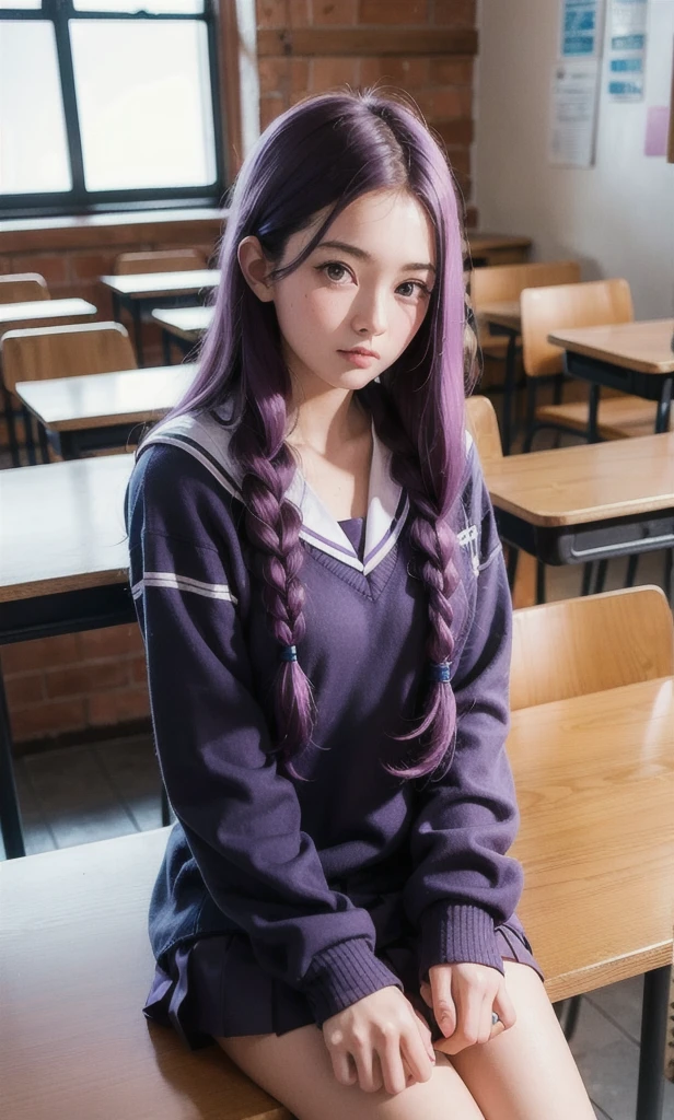 An eighteen-year-old young woman with long purple hair in a sailor suit sits in a classroom (school 1.5 in the background) (expression serious, cold 1.5) (best quality: 1.1) (masterpiece: 1.3) with an unparalleled masterpiece, surreal 8K, perfect artwork, super detail, best quality, masterpiece 4K wallpaper aesthetics, masterpiece, award-winning artwork, official art, cinematic lighting
