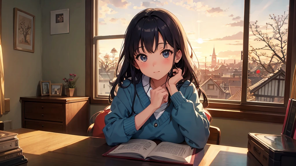 Ghibli style, A girl studying alone at a desk,Beauty， Night view from the room, A dreamy look outside the window, Cute girl in anime style, Relax in your room, A room filled with warm light