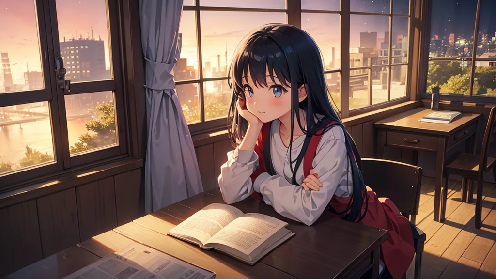 Ghibli style, A girl studying alone at a desk,Beauty， Night view from the room, A dreamy look outside the window, Cute girl in anime style, Relax in your room, A room filled with warm light