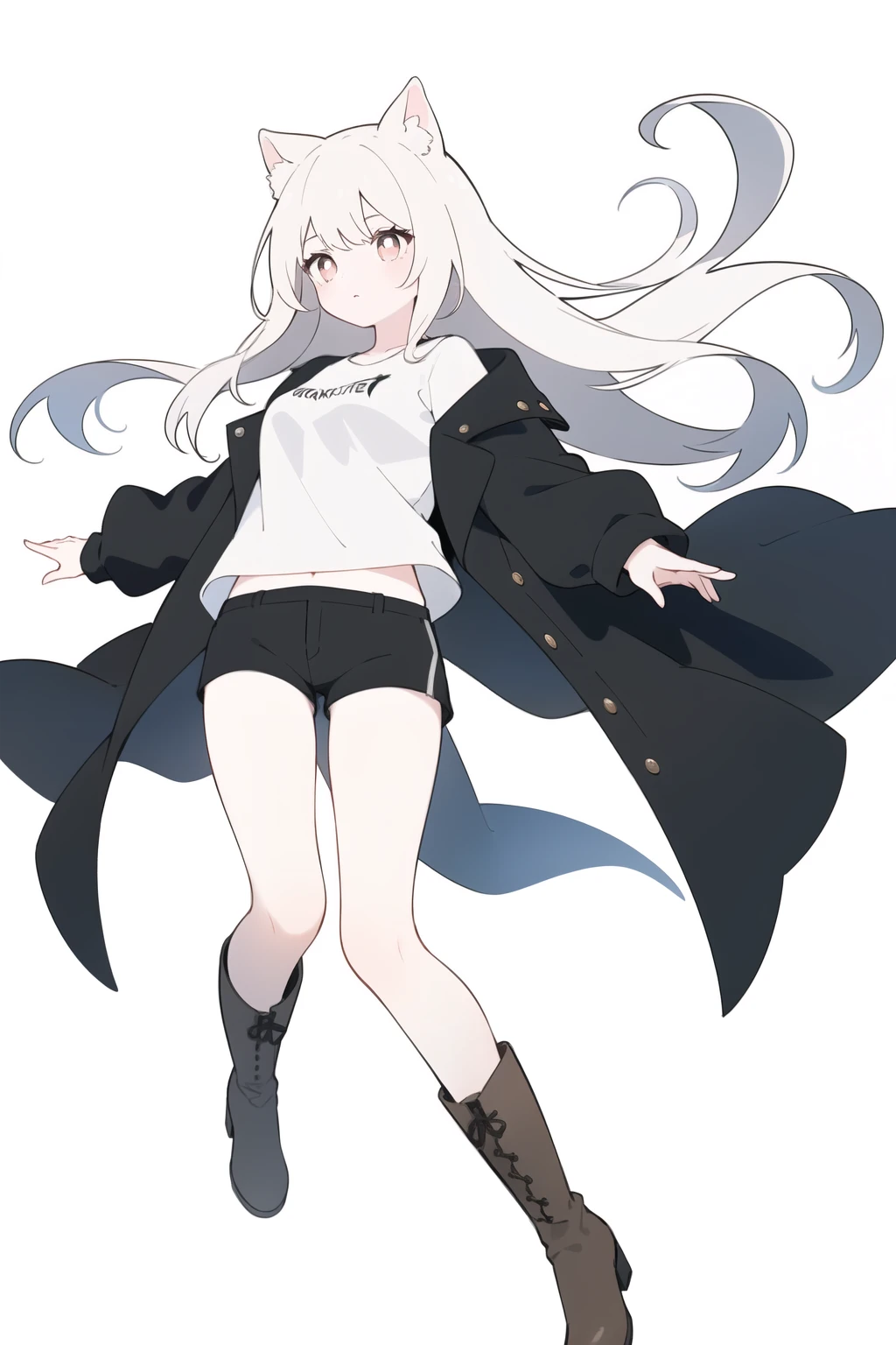 (Detailed lighting), (Extremely delicate and beautiful), (Lots of white backgrounds:1.4), (floating:1.4) 1 girl, Wearing a long black jacket, white top and black shorts, Brown pupils, Brown Martin boots, White cat ears long hair, (best quality), (masterpiece), anatomically correct, masterpiece, accurate