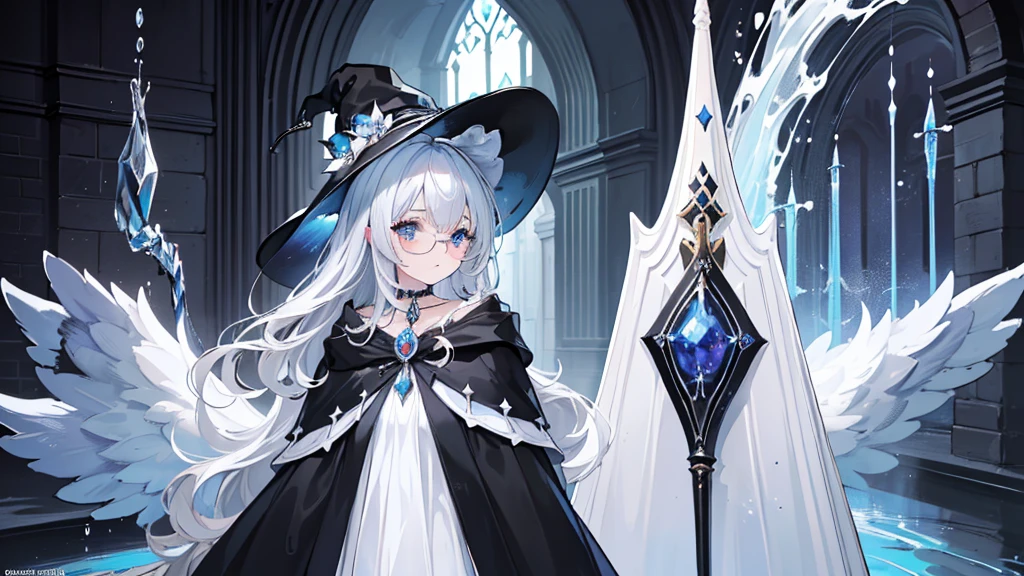 ((Best quality)), ((Masterpiece)), ((Ultra-detailed)), (illustration), (Detailed light), (An extremely delicate and beautiful),Dramatic perspective,A charming young girl,sorceress woman,Cute face,magestic,Black magic robe,Short black shawl,Big black witch hat,white dresses,Glasses,((Wave your big wand to cast spells)),((Water magic))