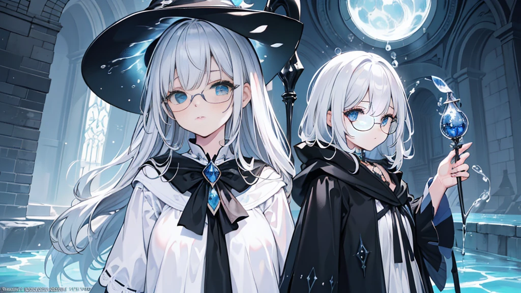 ((Best quality)), ((Masterpiece)), ((Ultra-detailed)), (illustration), (Detailed light), (An extremely delicate and beautiful),Dramatic perspective,A charming young girl,sorceress woman,Cute face,magestic,Black magic robe,Short black shawl,Big black witch hat,white dresses,Glasses,((Wave your big wand to cast spells)),((Water magic))