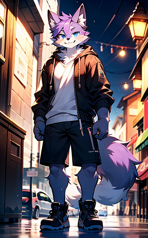A hairy的 fox，Men，Purple hair，Adult male fox，High target，large size，Leg length，Muscle tissue，Street corner in the rain，There are trash cans around，senility，Standing in the rain，and the body is soaked，Wear a pair of gray shorts，Wear a white loose short-sleeved top，Moonlit Night，Big blue eyes，Handsome，cute，Smile，scar，hairy，hairy，hairy的，Small animals，hairy的，Mouth length