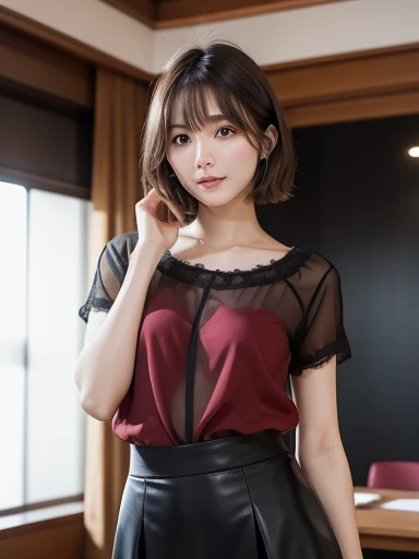 ((masterpiece))、((Highest quality))、picture、Reality、high resolution、Advanced Depth of Field、Ultra-detailed、Realistic lighting、Late night office、Empty conference room、Japanese women、20-year-old、Delicate facial features、short hair、sweating、Realistic background and accessories、D Cup、Slender body、Sexy smile、Serious look、Embarrassed look、A large composition that overlooks the entire room、Wine red sheer blouse、Black tight skirt、