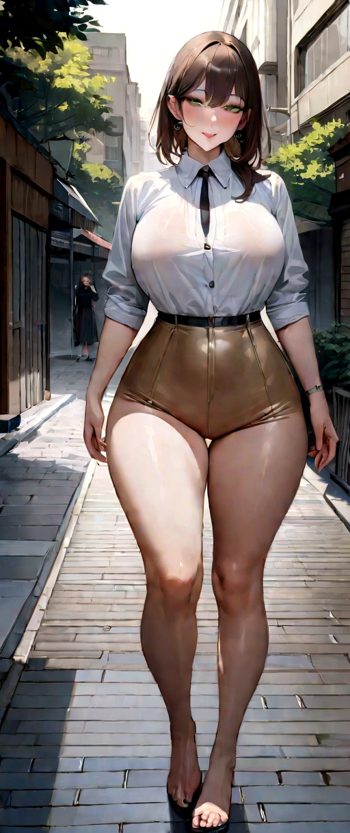 (Masterpiece, Best Quality, Hyper realistic:1.3), ultra high resolution, natural shading, Luz outfit, clean skin, illustration, street, tree, pavement, tall building, Perfect eyes, mqmf, mature woman, short brown hair, green eyes, seductive eyes, seductive smile on the lip, blush, big breasts, very wide hip, thick thigh, White collared shirt, FROM THE FRONT, naked from the waist down, moderate pubic hair,