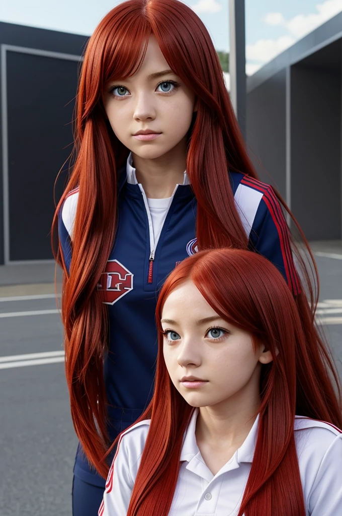 Ocs from my hero academia A girl with red hair and red eyes has long hair and a small fringe, her skin is white and she is wearing the UA uniform