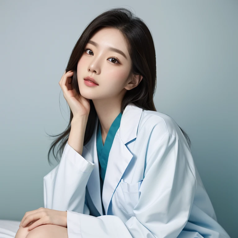 masterpiece, best quality, 1girl, (resting chin in hands), hospital bed, Beautiful Japanese female doctor wearing white labcoat over teal scrubs,beautiful detailed face, pale skin, realistic skin, detailed cloth texture, detailed hair texture, accurate, Anatomically correct, Highly detailed face and skin texture , looking at viewer
