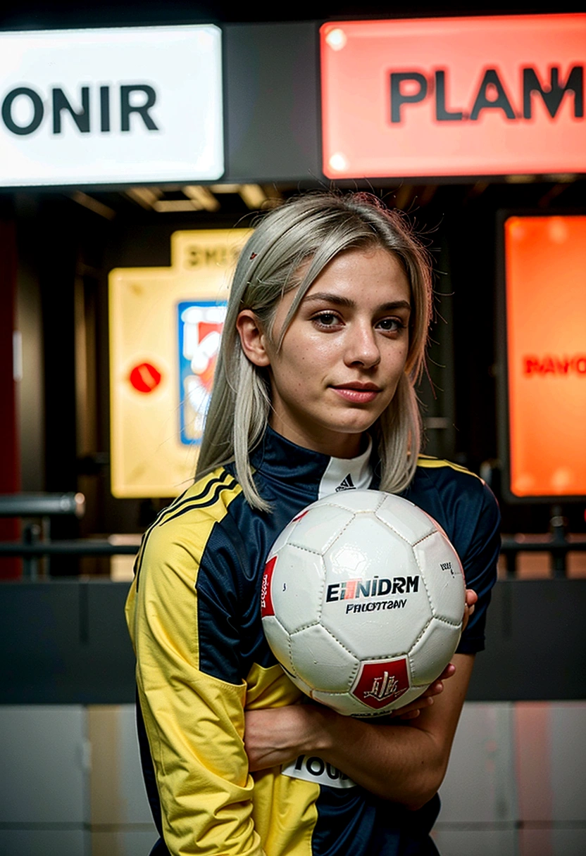 Soccer player with platinum hair celebrating goal.