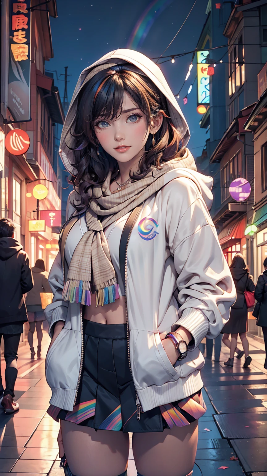 masterpiece , 24-year-old woman、Sexy proportions、Sexy、Narrow waist、Attach a necklace、Wear accessories on your wrist、Natural curls((wavy hair))、Shortcuts((short hair))、hair scarf((hair scarf))、Rainbow Hair((rainbow hair))、Wear a hoodie with a hood、Wear an ultra mini skirt、Wear rainbow stockings、Wear sneakers、Put on headphones、Reach into your hoodie pocket、Downtown background at night