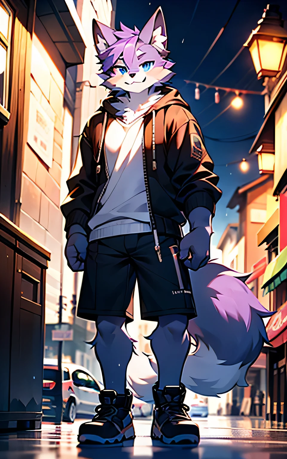 A hairy的 fox,Men,Purple hair,Adult male fox,High target,large size,Leg length,Muscle tissue,Street corner in the rain,There are trash cans around,senility,Standing in the rain,and the body is soaked,Wear a pair of gray shorts,Wear a white loose short-sleeved top,Moonlit Night,Big blue eyes,Handsome,cute,Smile,scar,hairy,hairy,hairy的,Small animals,hairy的,Mouth length