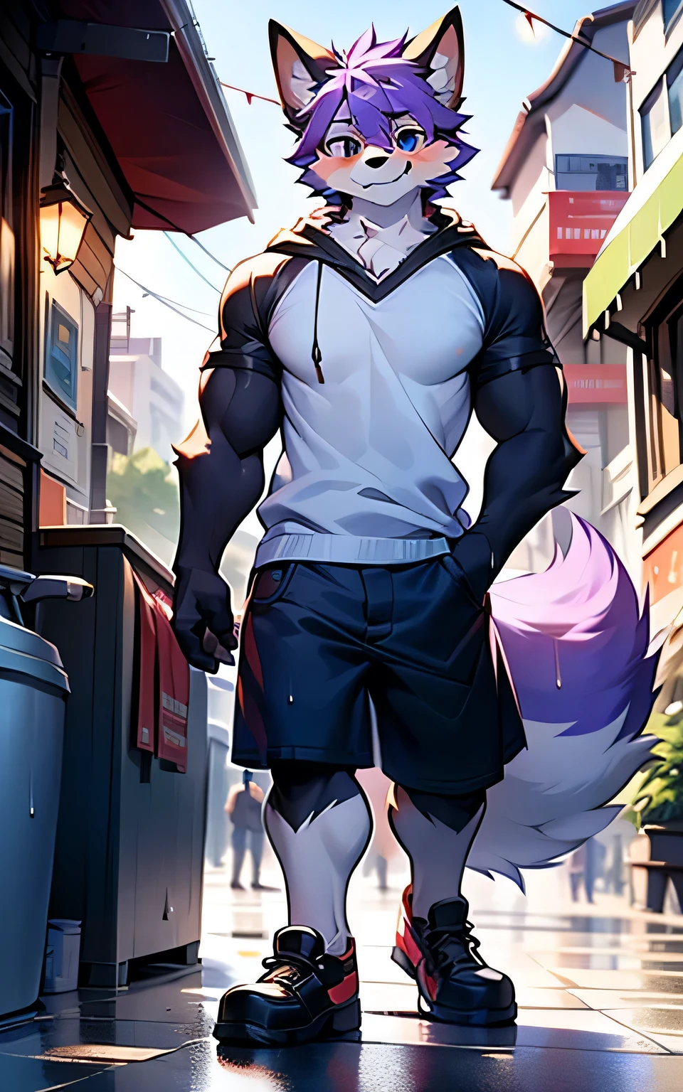 A hairy的 fox,Men,Purple hair,Adult male fox,High target,large size,Leg length,Muscle tissue,Street corner in the rain,There are trash cans around,senility,Standing in the rain,and the body is soaked,Wear a pair of gray shorts,Wear a white loose short-sleeved top,Moonlit Night,Big blue eyes,Handsome,cute,Smile,scar,hairy,hairy,hairy的,Small animals,hairy的,Mouth length