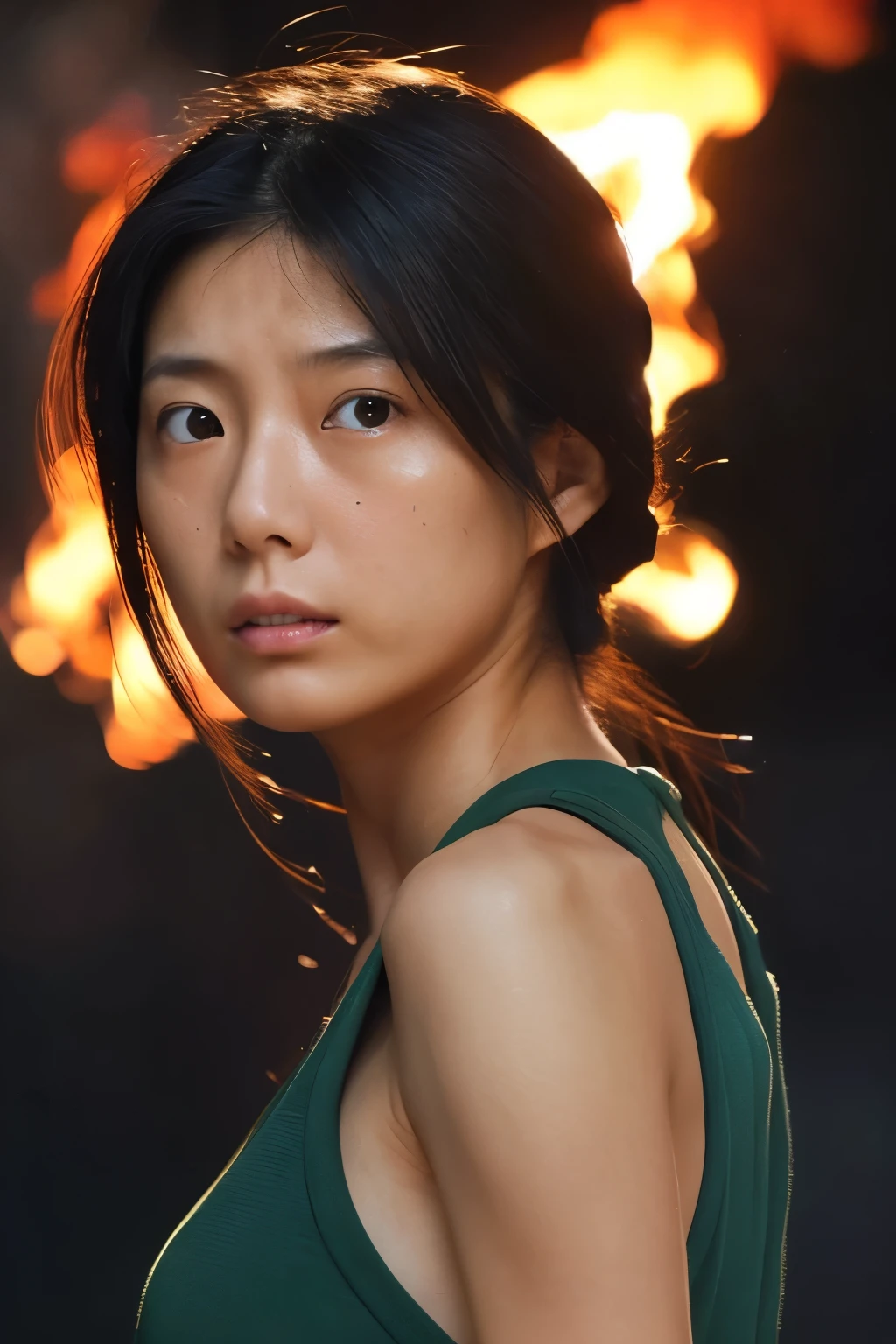 ((Correct human body structure)), (detailed face, detailed eyes), A Japanese woman, a look of sorrow, background on fire, blazing up