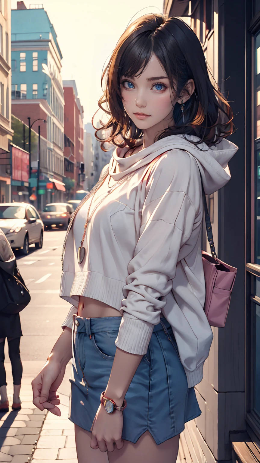 masterpiece , 24-year-old woman、Sexy proportions、Sexy、Narrow waist、Attach a necklace、Wear accessories on your wrist、Natural curls((wavy hair))、Shortcuts((short hair))、hair scarf((hair scarf))、Rainbow Hair((rainbow hair))、Wear a hoodie with a hood、Wear an ultra mini skirt、Wear rainbow stockings、Wear sneakers、Put on headphones、Reach into your hoodie pocket、Downtown background at night
