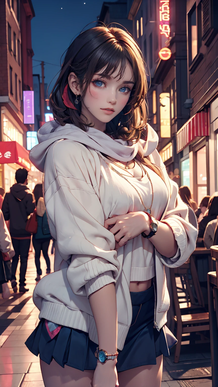 masterpiece , 24-year-old woman、Sexy proportions、Sexy、Narrow waist、Attach a necklace、Wear accessories on your wrist、Natural curls((wavy hair))、Shortcuts((short hair))、hair scarf((hair scarf))、Rainbow Hair((rainbow hair))、Wear a hoodie with a hood、Wear an ultra mini skirt、Wear rainbow stockings、Wear sneakers、Put on headphones、Reach into your hoodie pocket、Downtown background at night