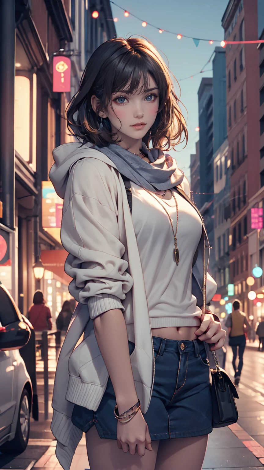 masterpiece , 24-year-old woman、Sexy proportions、Sexy、Narrow waist、Attach a necklace、Wear accessories on your wrist、Natural curls((wavy hair))、Shortcuts((short hair))、hair scarf((hair scarf))、Rainbow Hair((rainbow hair))、Wear a hoodie with a hood、Wear an ultra mini skirt、Wear rainbow stockings、Wear sneakers、Put on headphones、Reach into your hoodie pocket、Downtown background at night
