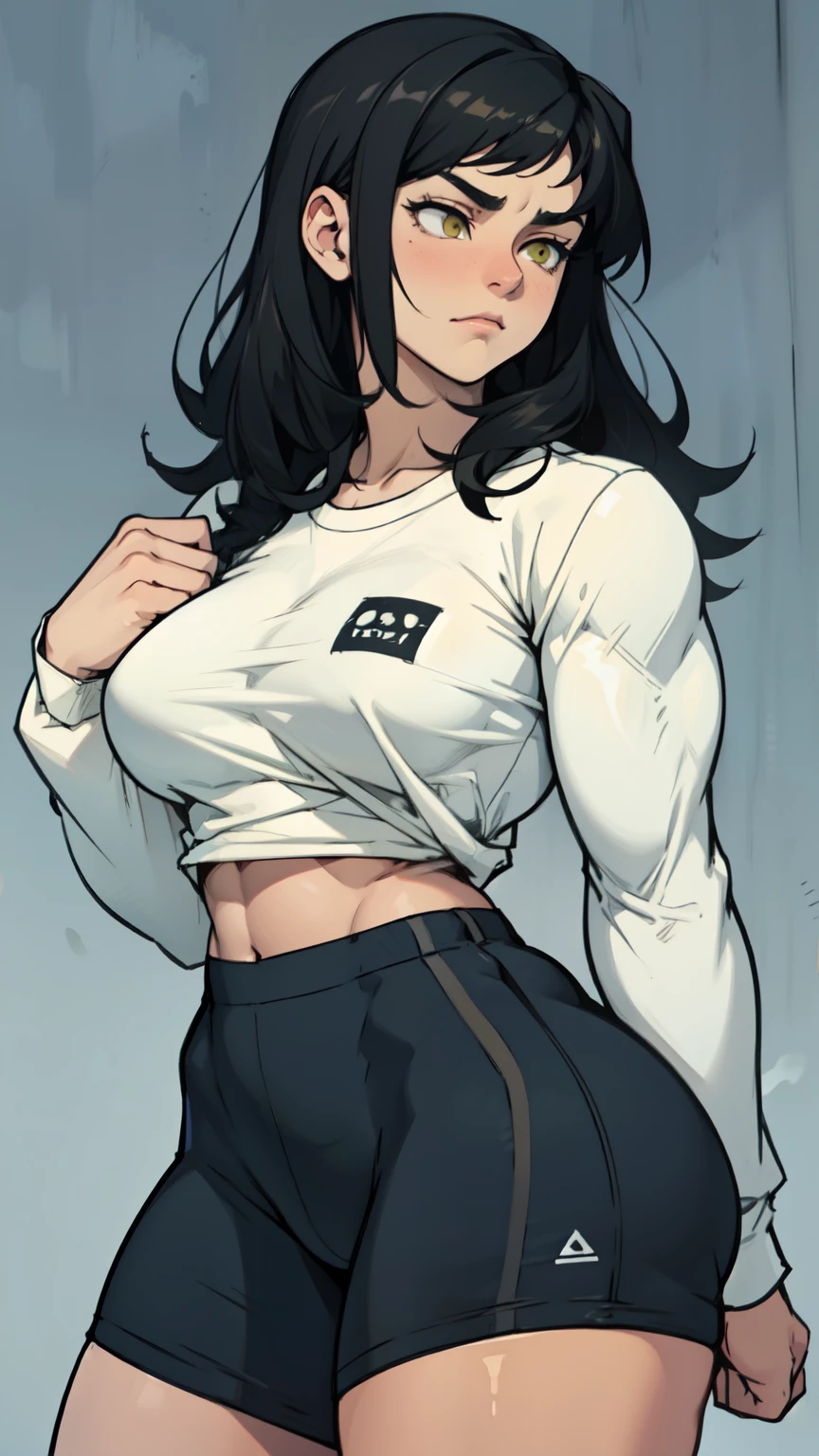 sad girl muscular muscular muscular breasts breasts breasts thick thick thick thick black hair yellow eyes pale skin pale skin thick thick thick long sleeve dark atmosphere thick thick thick thick thick thick muscular simple background sad sad sad girl sad girl tigth shirt