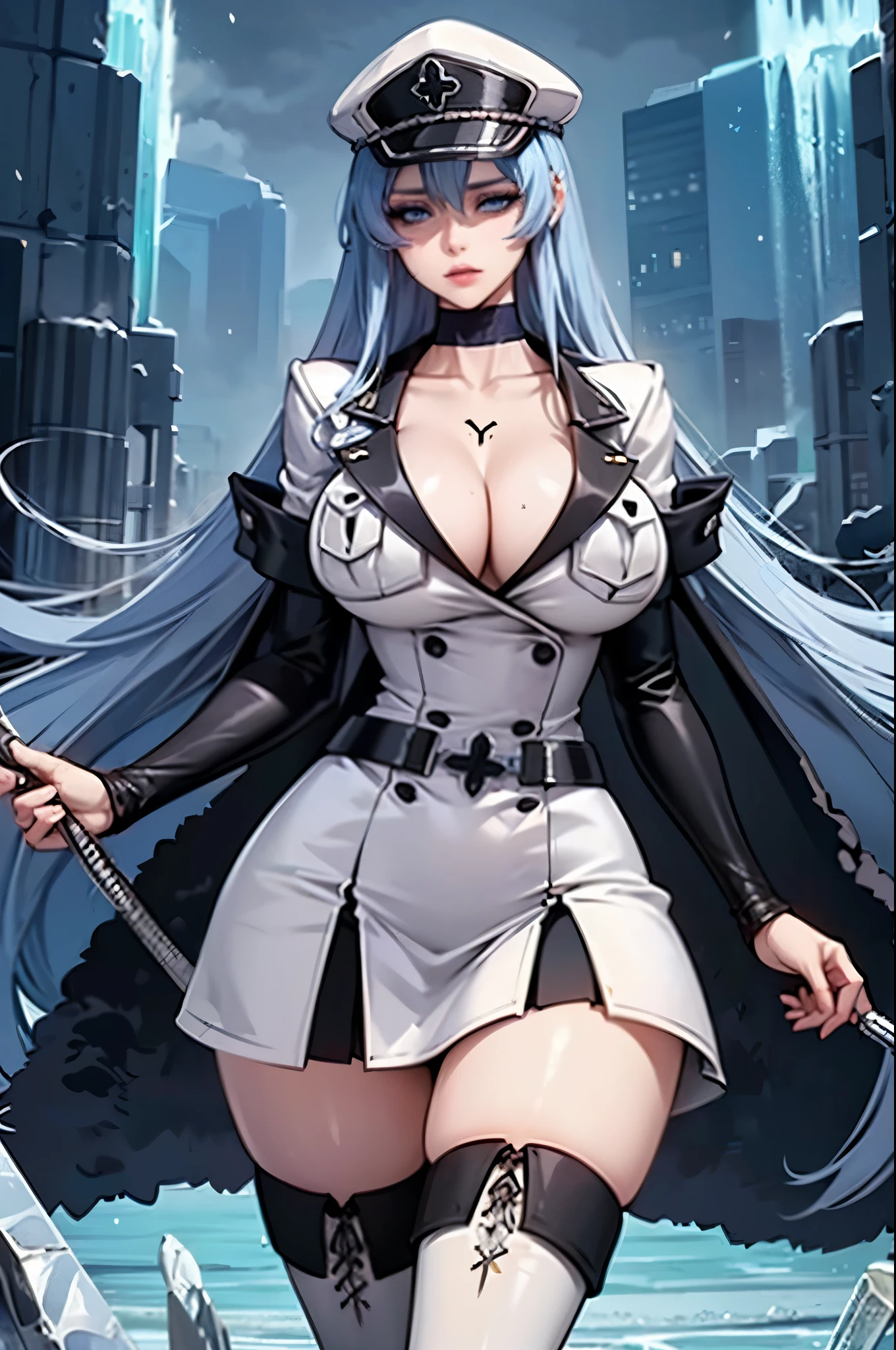 Esdeath, a tall and powerful female general with long blue hair, dressed in a white military uniform. She wears a white military hat with the empire's symbol, a long white coat with high collar draped over her shoulders, a tight white shirt, a short white skirt, and black stockings paired with knee-high black boots. She stands confidently with a whip in one hand and ice shards floating around her. Her piercing blue eyes reflect a mixture of dominance and seduction. Behind her, the dark and cold dungeon where she interrogates prisoners. Her uniform is partially unbuttoned, revealing her ample cleavage and toned body. The atmosphere is tense and charged with her commanding presence. (Detailed, realistic, high quality, 4K)
