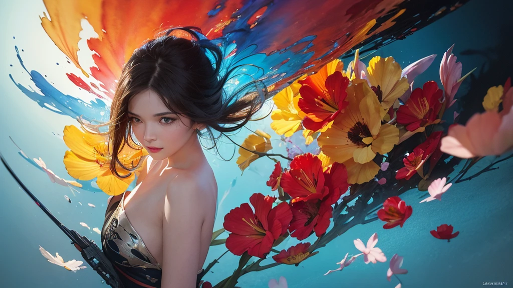 32k, Masterpiece, Highest quality, One girl, Detailed eyes, flower,gladiolus, Yellow and red style,A dreamy, romantic piece,Pale yellow, Mysterious Leaves,A playful arrangement,Fantasy,High Contrast,Ink strokes,explosion,Exposure, Impression of light blue and red tones,Abstract,((Watercolours by John Berkey and Jeremy Mann )) Brush strokes,Negative Space, Tyndall effect,