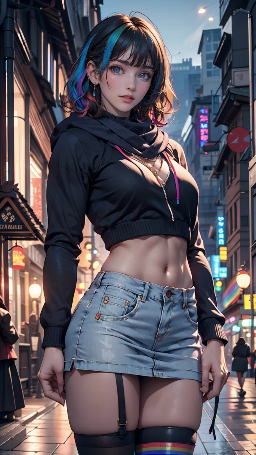 masterpiece , 24-year-old woman、Sexy proportions、Sexy、Narrow waist、Attach a necklace、Wear accessories on your wrist、Natural curls((wavy hair))、Shortcuts((short hair))、hair scarf((hair scarf))、Rainbow Hair((rainbow hair))、Wear a hoodie with a hood、Wear an ultra mini skirt、Wear rainbow stockings、Wear sneakers、Put on headphones、Reach into your hoodie pocket、Downtown background at night