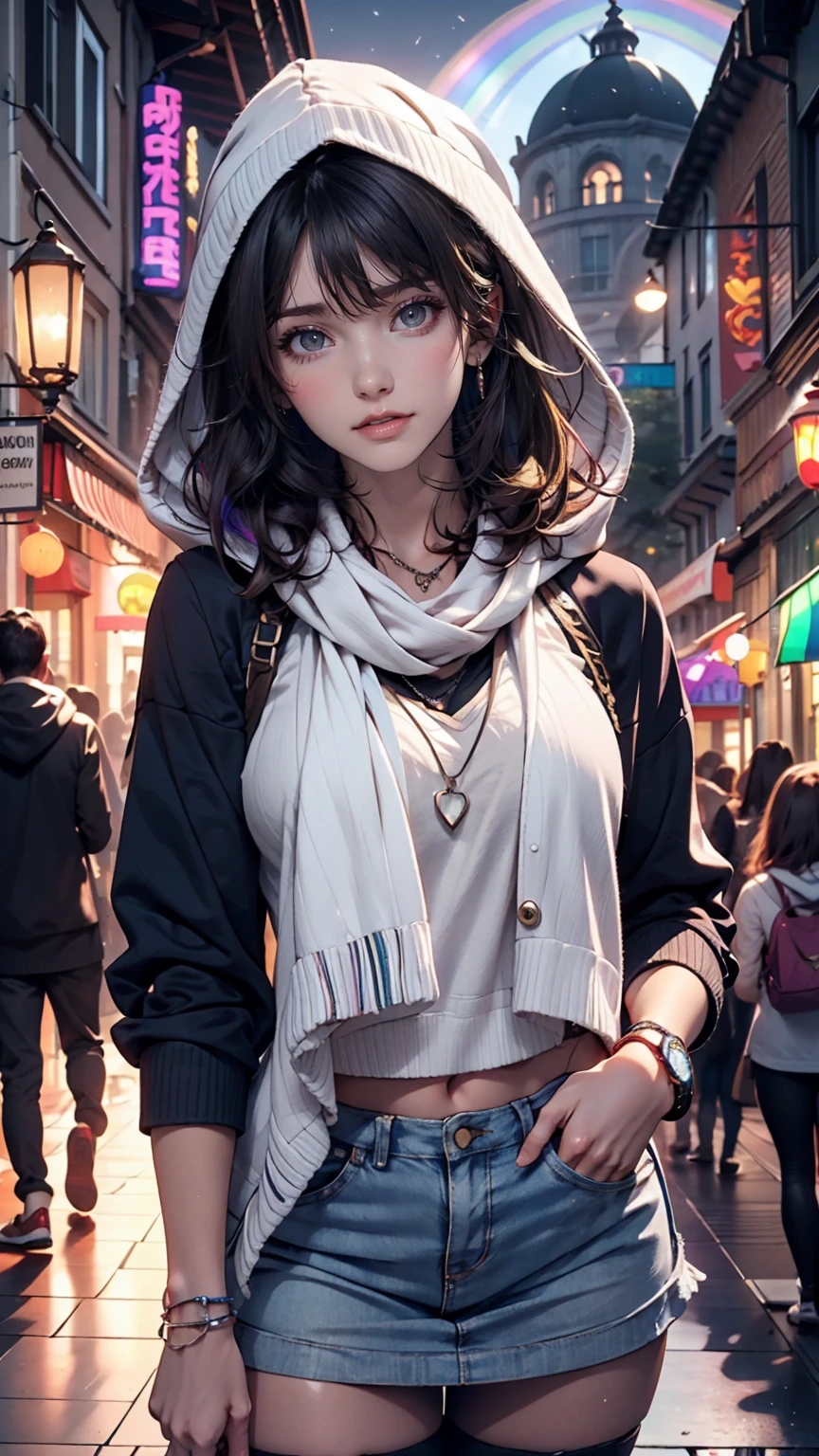 masterpiece , 24-year-old woman、Sexy proportions、Sexy、Narrow waist、Attach a necklace、Wear accessories on your wrist、Natural curls((wavy hair))、Shortcuts((short hair))、hair scarf((hair scarf))、Rainbow Hair((rainbow hair))、Wear a hoodie with a hood、Wear an ultra mini skirt、Wear rainbow stockings、Wear sneakers、Put on headphones、Reach into your hoodie pocket、Downtown background at night