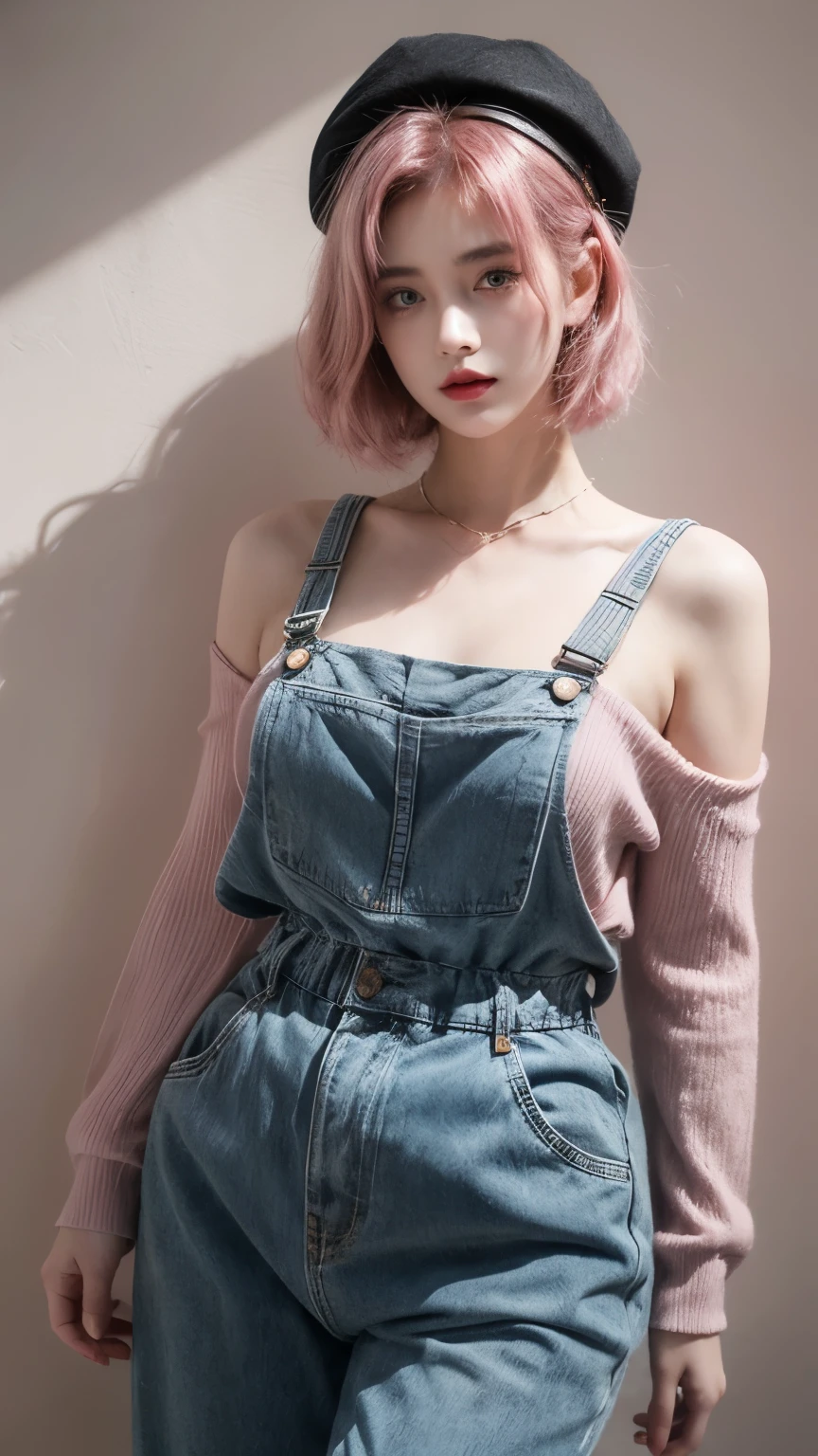 21yo girl,pink hair,bob hair,(vintage style girl),(80s style),(vintage),(80s vibes),wearing long-sleeved T-shirt,wearing overall jumpsuit, black beret, natural big breast, show big thigh, plump body,single sidelock hairpin blush modern cinematic lighting,ray tracing,drop shadow wide shot UHD,textured skin,high details,(below 1.2),best quality 4K