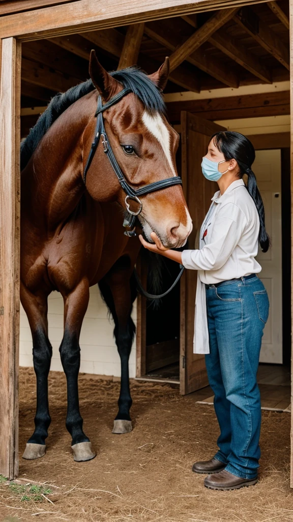 The blind horse being cared for with extra attention and comfort by the kind owner, showing a loving and secure environment."
