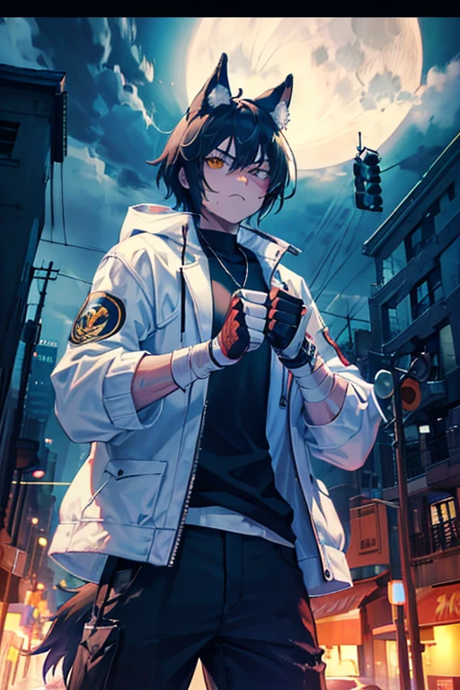 Street Brawler,Wolf Girl,His fist was wrapped in a bloody bandage,His gaze was sharp.,whole body,Wearing a jacket,The moon is out at night,Muscular