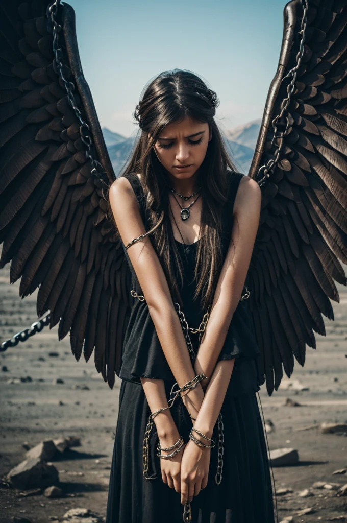 A girl in the middle of nowhere, surrounded by wings she is hurt and with chains.