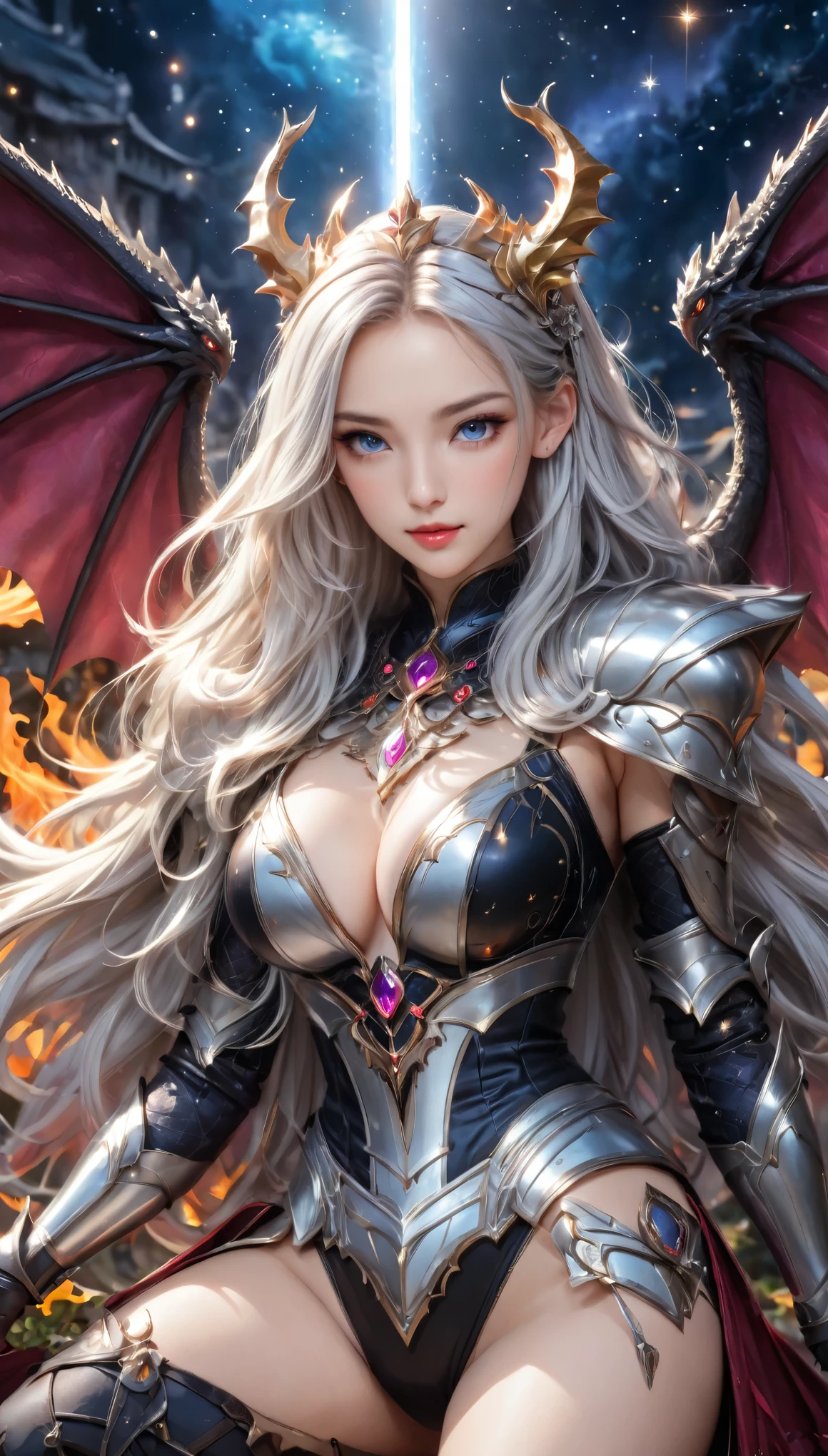 8K resolution, masterpiece, Highest quality, Award-winning works, unrealistic, From above, erotic, sole sexy lady, healthy shaped body, 22 years old, dark knight, 170cm tall, huge firm bouncing busts,, white silver long wavy hair, Detailed facial depictions, Break, Mysterious blue eyes, Standard nose, Eyeliner, pink lips, sexy long legs, Clear skin, knight, A holy sword that emits seven-colored light, Gothic armor, Complex structure of armor, Seven-colored colorful armor, Clothed in flames, Phoenix Crest, elegant, Very detailed, Delicate depiction of hair, miniature painting, Digital Painting, artステーション, コンセプトart, Smooth, Sharp focus, shape, artジャム、Greg Rutkowski、Alphonse Mucha、William Adolphe Bouguereau、art：Stephanie Law , Royal Jewel, nature, Symmetric, Greg Rutkowski, Charlie Bowwater, Unreal, Surreal, Dynamic Lighting, ファンタジーart, Complex colors, Colorful magic circle, flash, dynamic sexy poses, A kind smile, Mysterious Background, Aura, A gentle gaze, BREAK, Small faint lights and flying fireflies, night, lanthanum, 山の頂From above下界を見下ろす, Starry Sky, milky way, nebula, shooting star,, (Back view, Looking back towards the camera:1.3), dragons