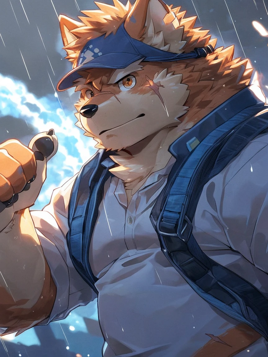 human nature, Wildlife, male,18 years old， solitary, ((Round Face, The face is plump,Orange eyes,Thick orange hair，With scars)), ((Endomorph, Handsome，Hot Blood)), (Sportswear，Light blue and white coat，Wear a sports cap), ((domestic 犬, Dog Orc，) Fluffy fur, Fluffy), Bokeh, (high quality, high resolution, masterpiece), (Dynamic Lighting, Vibrant colors，Natural fill light), (Revitalize，harm，Disdain，aggressive), Full body picture (close up), cartoon, author：Takemoto Arashi, From zixiong, By Chunni, author：Empty Ghost，（background：Raining dead city）