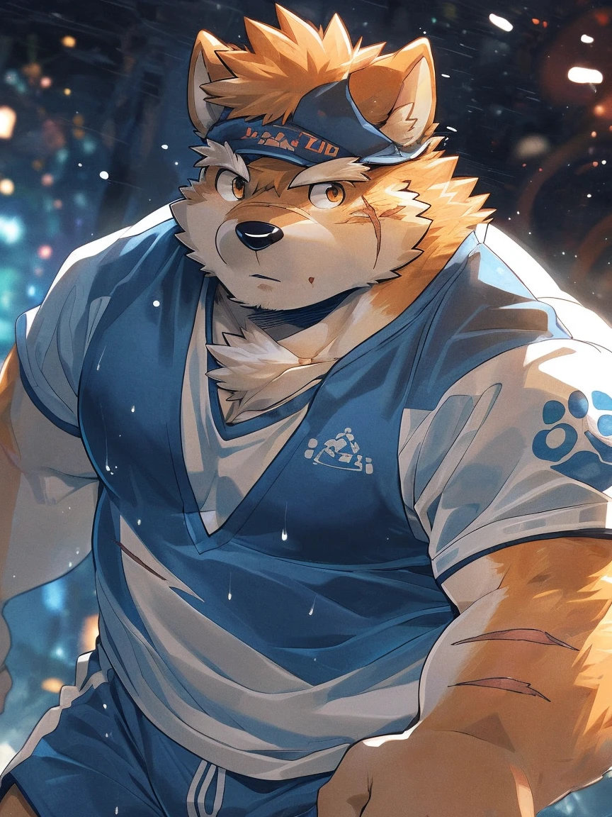 human nature, Wildlife, male,18 years old, solitary, ((Round Face, The face is plump,Orange eyes,Thick orange hair,With scars)), ((Endomorph, Handsome,Hot Blood)), (Sportswear,Light blue and white coat,Wear a sports cap), ((domestic 犬, Dog Orc,) Fluffy fur, Fluffy), Bokeh, (high quality, high resolution, masterpiece), (Dynamic Lighting, Vibrant colors,Natural fill light), (Revitalize,harm,Disdain,aggressive), Full body picture (close up), cartoon, author:Takemoto Arashi, From zixiong, By Chunni, author:Empty Ghost,(background:Raining dead city)