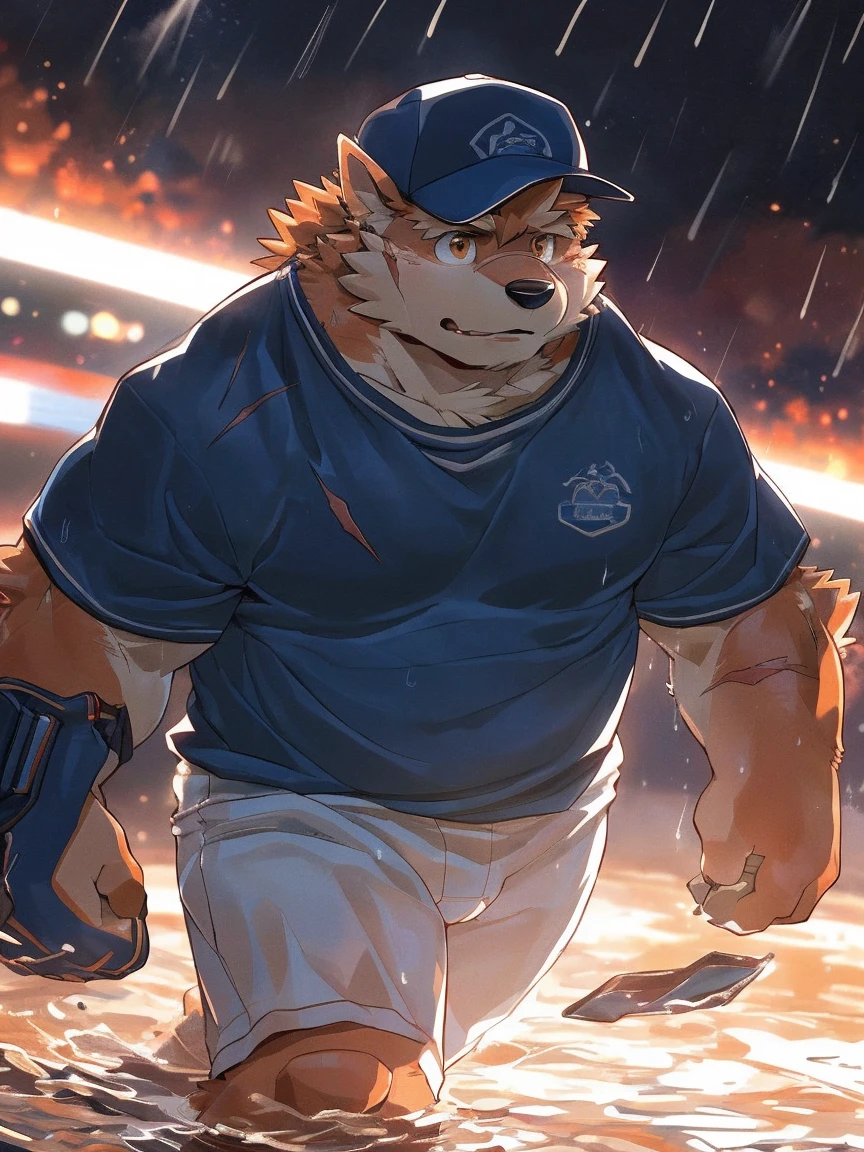 human nature, Wildlife, male,18 years old, solitary, ((Round Face, The face is plump,Orange eyes,Thick orange hair,With scars)), ((Endomorph, Handsome,Hot Blood)), (Sportswear,Light blue and white coat,Wear a sports cap), ((domestic 犬, Dog Orc,) Fluffy fur, Fluffy), Bokeh, (high quality, high resolution, masterpiece), (Dynamic Lighting, Vibrant colors,Natural fill light), (Revitalize,harm,Disdain,aggressive), Full body picture (close up), cartoon, author:Takemoto Arashi, From zixiong, By Chunni, author:Empty Ghost,(background:Raining dead city)