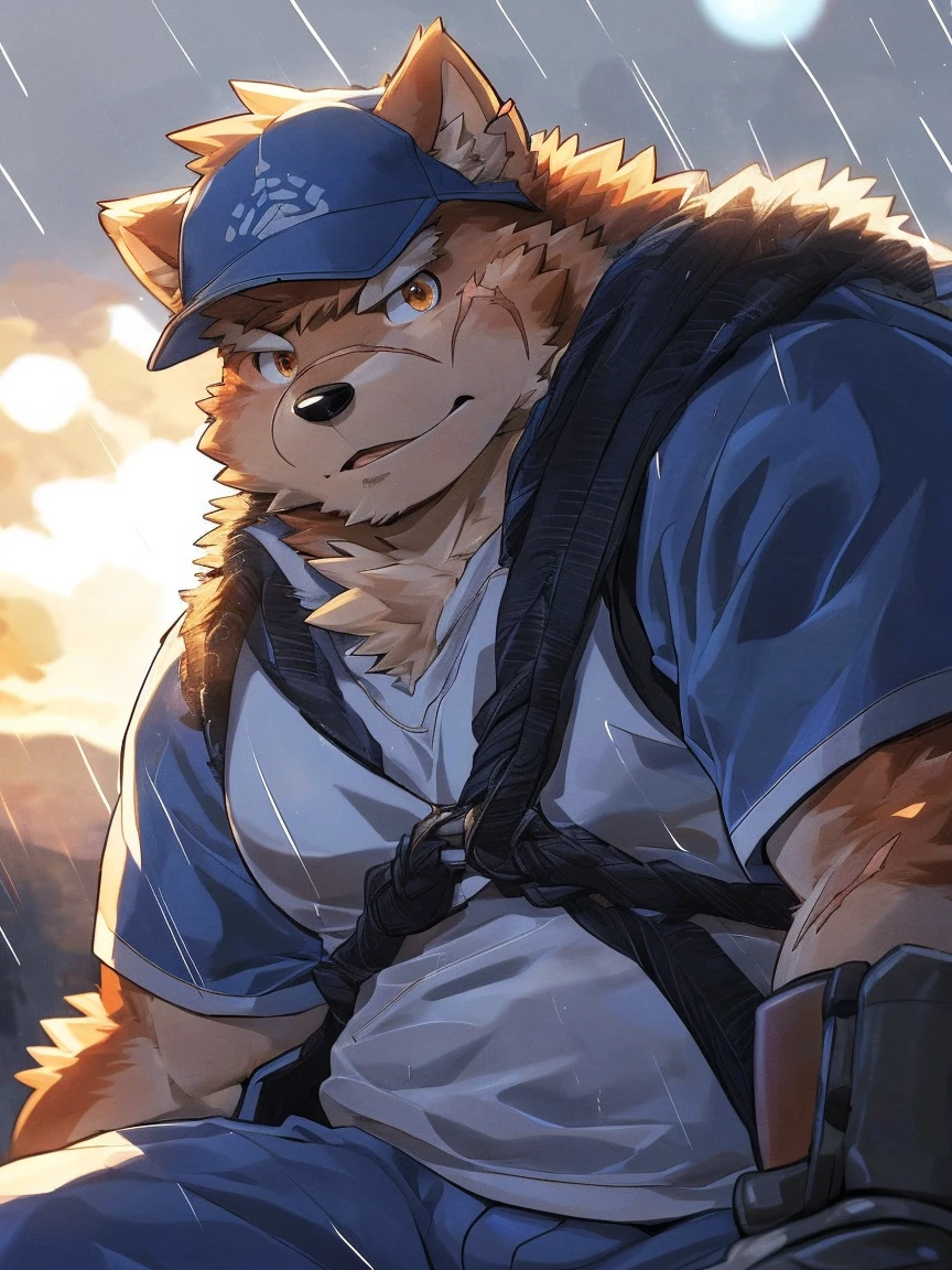 human nature, Wildlife, male,18 years old， solitary, ((Round Face, The face is plump,Orange eyes,Thick orange hair，With scars)), ((Endomorph, Handsome，Hot Blood)), (Sportswear，Light blue and white coat，Wear a sports cap), ((domestic 犬, Dog Orc，) Fluffy fur, Fluffy), Bokeh, (high quality, high resolution, masterpiece), (Dynamic Lighting, Vibrant colors，Natural fill light), (Revitalize，harm，Disdain，aggressive), Full body picture (close up), cartoon, author：Takemoto Arashi, From zixiong, By Chunni, author：Empty Ghost，（background：Raining dead city）