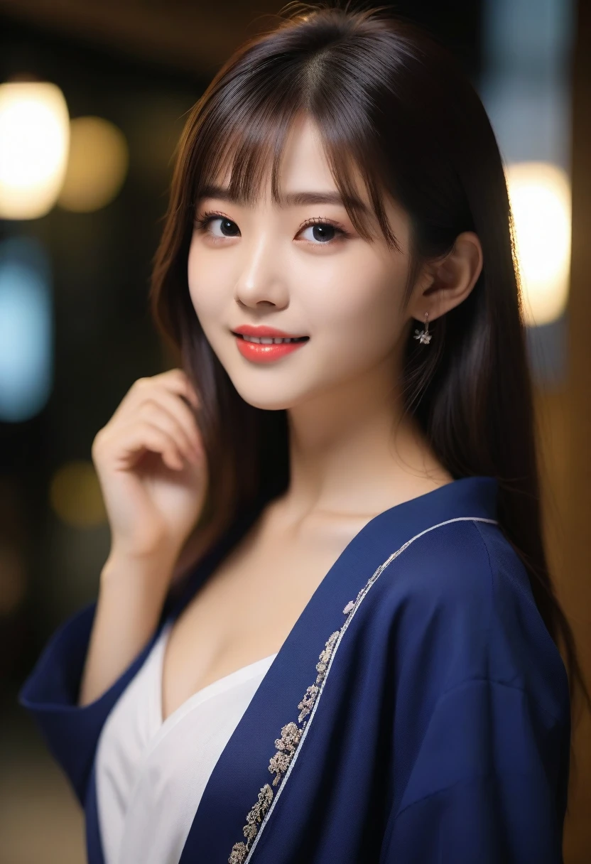 8K, 超High resolution, Highest quality, masterpiece, 三分割法によるphotograph,Surreal, photograph, 1 girl, (16 years old:1.3), pretty girl, Cute face, Beautiful eyes in every detail, 細かくdetailedに,masterpiece,, One Girl:1.2, Japan Female Announcer,whole body、Black Hair、well-groomed eyebrows、Cute Lip Makeup, European Fashion、(masterpiece、Highest quality、Realistic、High resolution、photograph:1.3)、close、I focus、Hot Model、slim、erotic、Sexual vision、slim、shirt、Long sleeve、Hide your chest、Beautiful eyes in every detail、Glossy Lips、Small breasts、((Bright light、Dynamic Lighting、Genuine、超Genuine、 realism、Genuineなディテール、Cool Beauty、Cool pose,Cute gestures、so beautiful,A carefree smile,Healing the heart,blunt bangs,Looking at the audience、beauty,Long neck、Laugh a little、Please close your mouth and laugh、(((Ideal body type))),A-cup small breasts :2,、Portraiture:2、Perfect Anatomy、鮮明なdetailed、detailed、Surreal、Light and shadow,Strong light