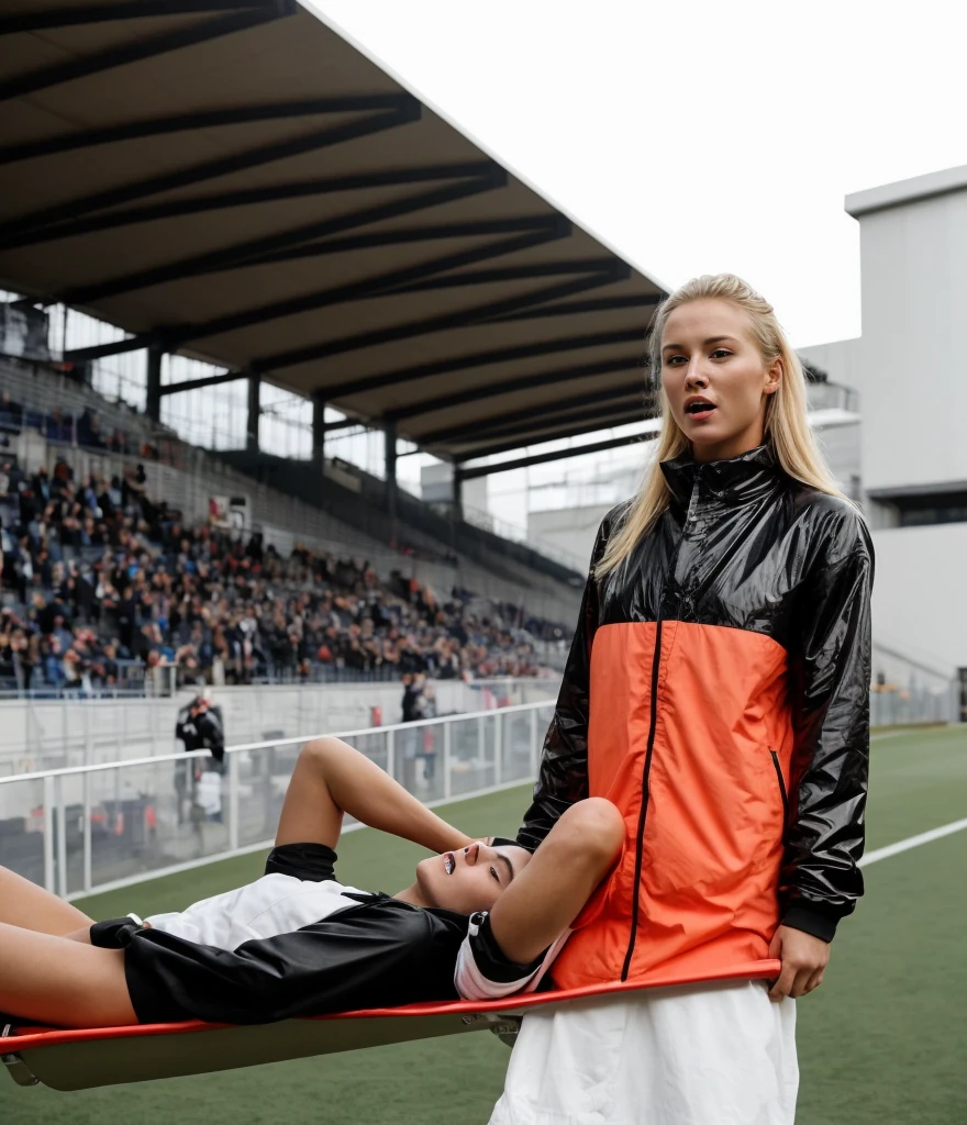 📷, soccer accident, sports injury, soccer match in a crowded stadium, injury scene, there is a sportsman in matte cotton sportswear lying injured on a stretcher, there is an injured sportsman in matte cotton sportswear lying on his side on a stretcher with a bandaged ellbow, an injured sportsman in matte cotton sportswear is lying on his side on a strecher being carried by an extrovert blond woman in a high shine long moncler coat, an injured sportsman is writhing in ecstasy on a stretcher while lying on his side, dramatic pity pose, there is a blond shouting and crying woman in a high-shine puffy coat, a high-shine black down coat, a long black moncler coat, a wetlook down coat, a wet black laquered coat, a excited screaming blond woman is wearing a wetlook black latex-coat, injured, medic, soccer action pose, affection pose, lecherous action pose, dramatic action pose, theatralic pose, there is an attractive woman that is carrying a sportsman in matte cotton sportswear, there is a beautiful woman in a shiny coat who is carrying a man on a stretcher, a longhaired beautiful woman in a high-shine black puffy coat, a longhaired woman in a shiny downcoat, a woman is carrying a shorthaired man in matte cotton sportswear on a stretcher, a weak man in spots shorts is consciousless and needs to be carried, a shorthaired man with a bandaged ellbow is carried away on a stretcher, a woman looks very scared and terrified, a sportsman in matte cotton sportswear is suffering very much on a stretcher, photo, photo shoot, photographed , accident, help, aid, first aid, pity