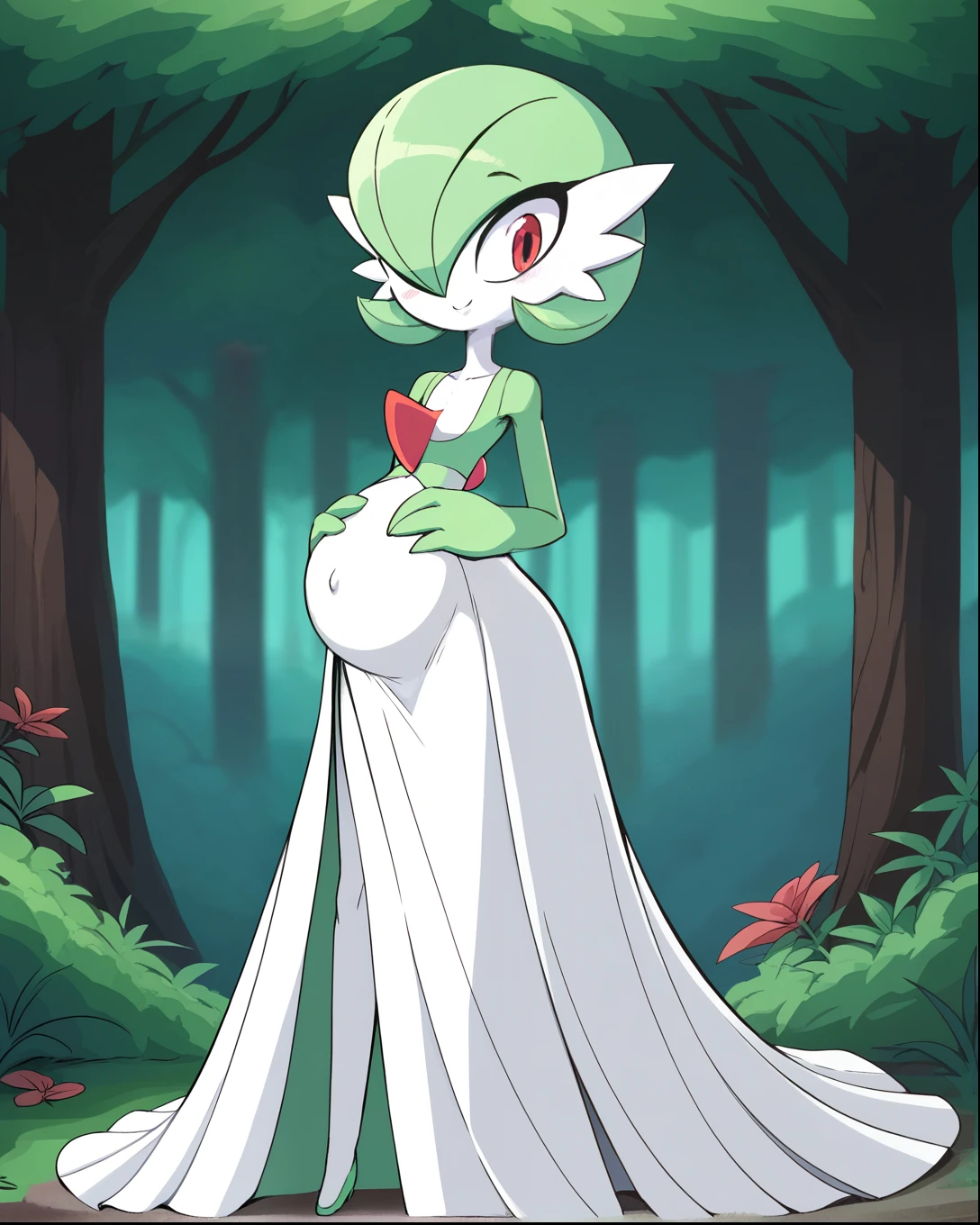 score_9, score_8_up, 1girl, gardevoir, happy, full body, outdoors, human proportions, looking at viewer, by diives, pregnant, pregnancy, shy smile, rubor, mirada tranquila, tranquila, woods, forest, bosque, manos en el vientre, hands on belly, long skirt, skirt, white skirt, long dress.