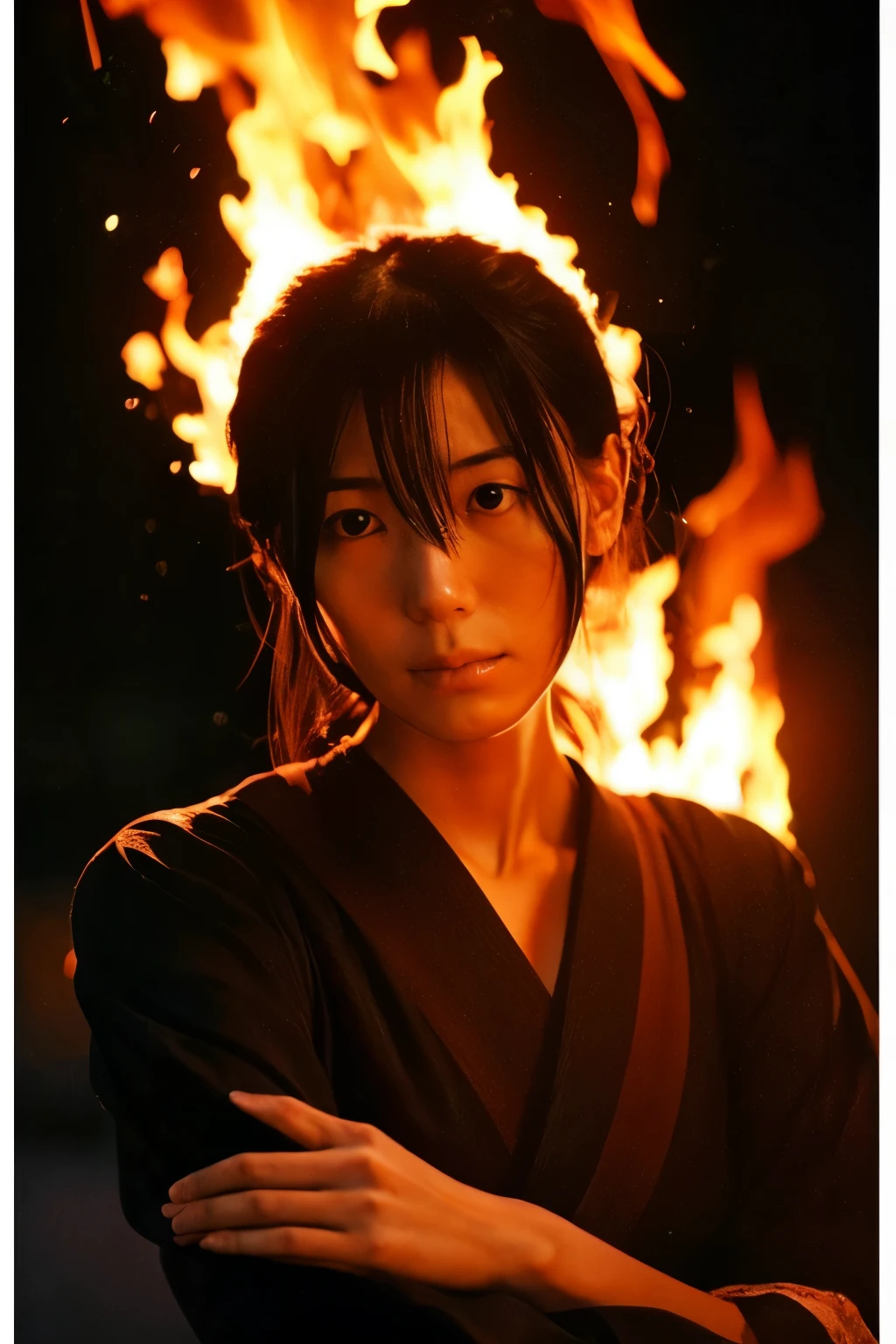 ((Correct human body structure)), (detailed face, detailed eyes), A Japanese woman, sad face, background on fire, blazing up