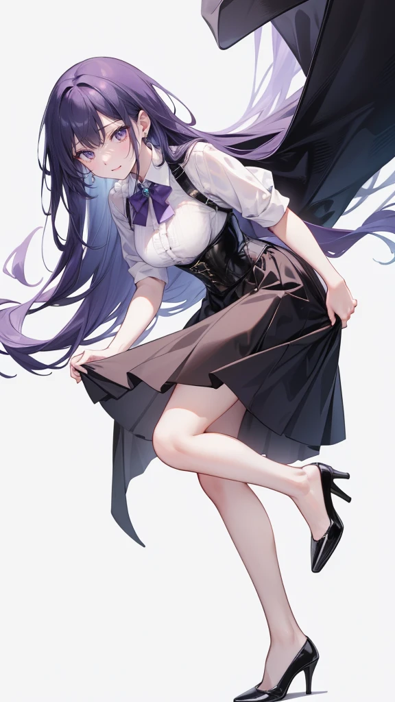 Purple Hair,Super long hair with volume,Adult female,White Y-shirt,((Rolling up his sleeves)),(corset),(Black skirt),(skirt),(High heels),((Simple white background)),((full body)),