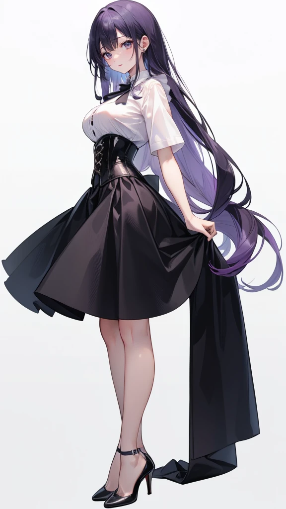 Purple Hair,Super long hair with volume,Adult female,White Y-shirt,((Rolling up his sleeves)),(corset),(Black skirt),(skirt),(High heels),((Simple white background)),((full body)),