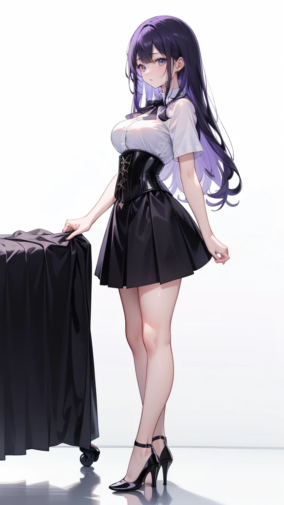 Purple Hair,Super long hair with volume,Adult female,White Y-shirt,((Rolling up his sleeves)),(corset),(Black skirt),(skirt),(High heels),((Simple white background)),((full body)),
