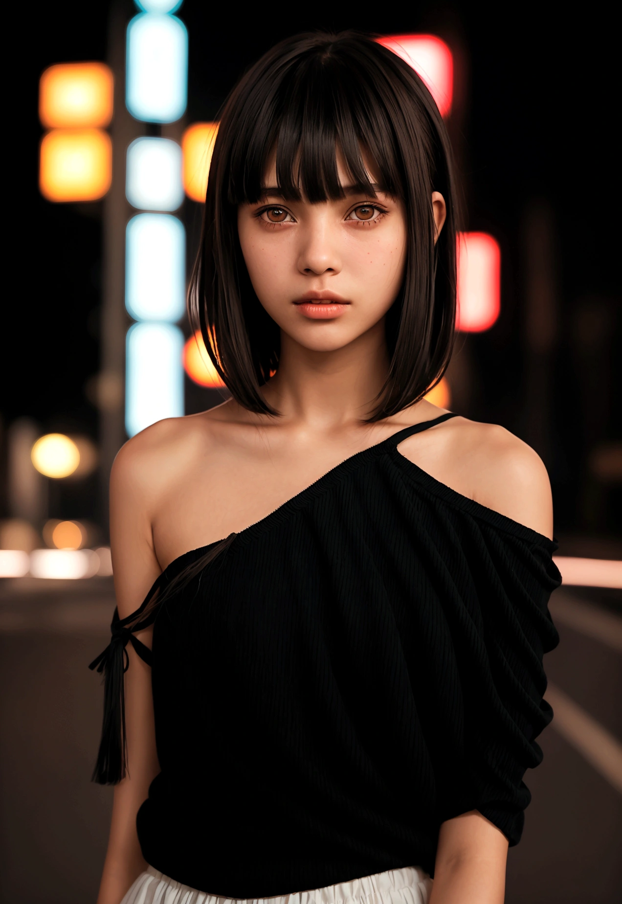 cinematic realistic portrait of a young girl, adolescent, (caucasiana), fly away, modern casual dark clothes, minimalist alternative style, Beautiful woman, ((short, slightly wavy shoulder-length hair with bangs)), (honey eyes), Nightlife in Tokyo, neon lights