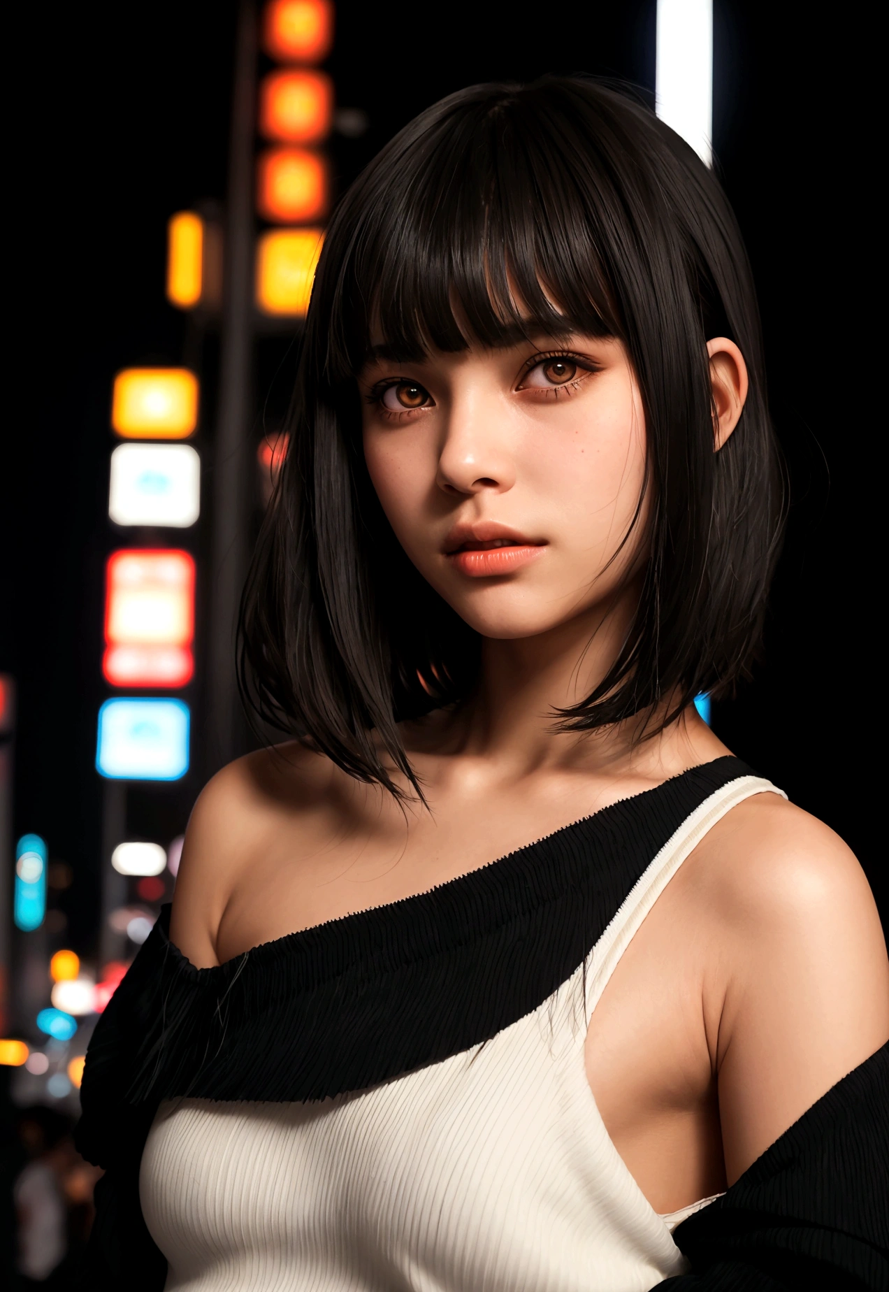 cinematic realistic portrait of a young girl, adolescent, (caucasiana), fly away, modern casual dark clothes, minimalist alternative style, Beautiful woman, ((short, slightly wavy shoulder-length hair with bangs)), (honey eyes), Nightlife in Tokyo, neon lights