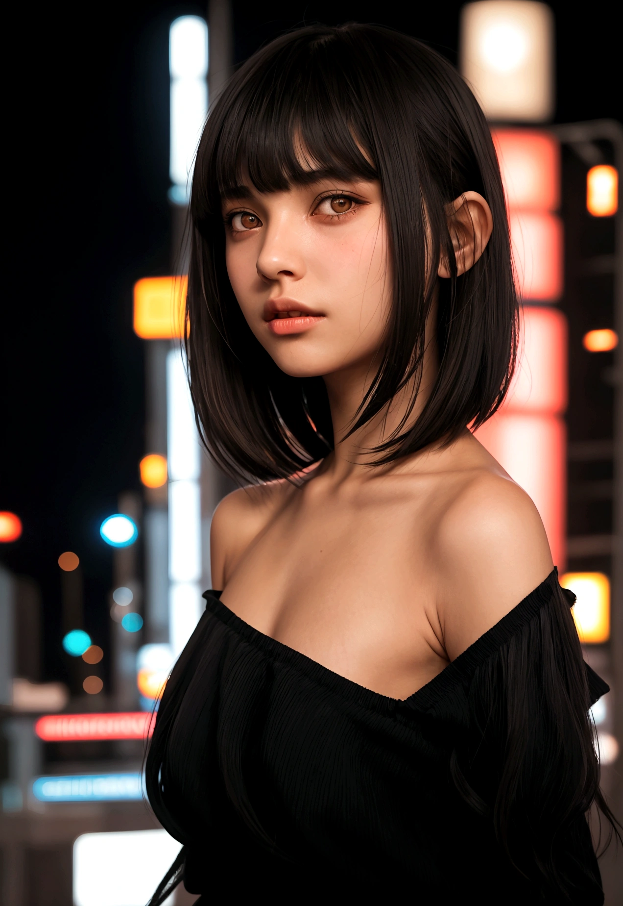 cinematic realistic portrait of a young girl, adolescent, (caucasiana), fly away, modern casual dark clothes, minimalist alternative style, Beautiful woman, ((short, slightly wavy shoulder-length hair with bangs)), (honey eyes), Nightlife in Tokyo, neon lights