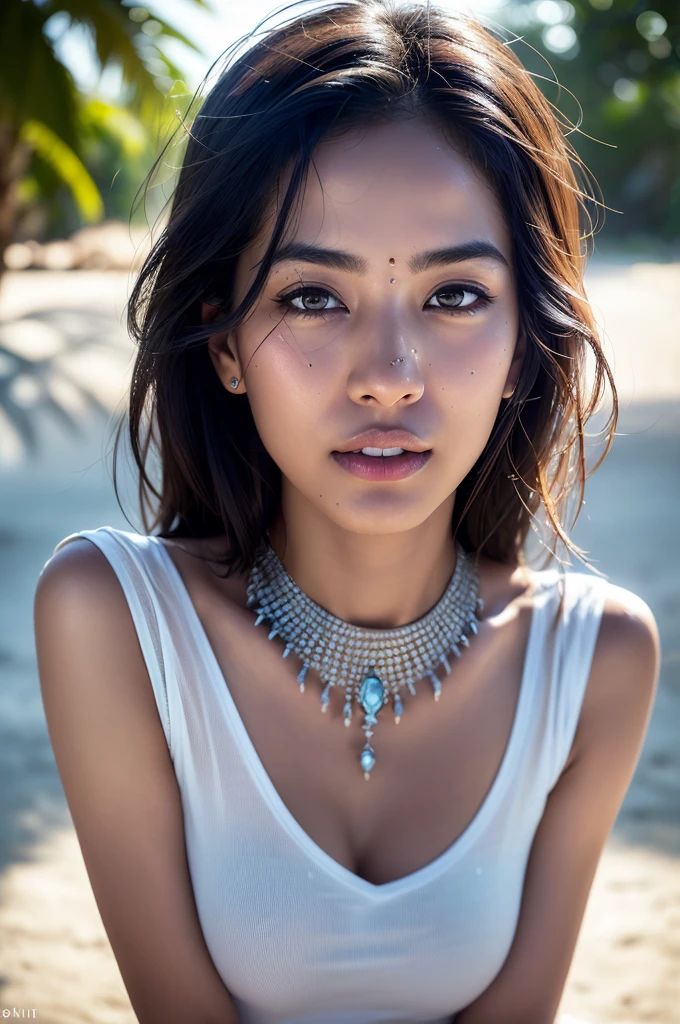 dressed, (photo realistic:1.4), (hyper realistic:1.4), (realistic:1.3),
(smoother lighting:1.05), (increase cinematic lighting quality:0.9), 32K,
Indian grils1girl,20yo girl, realistic lighting, backlighting, light on bindi and jewelry face,  ray trace, (brightening light:1.2), (Increase quality:1.4),
(best quality real texture skin:1.4), finely detailed eyes, finely detailed face,
(tired and sleepy and joy), (laugh:0), face closeup, t-shirts,
(Increase body line mood:1.1), (Increase skin texture beauty:1.1)
